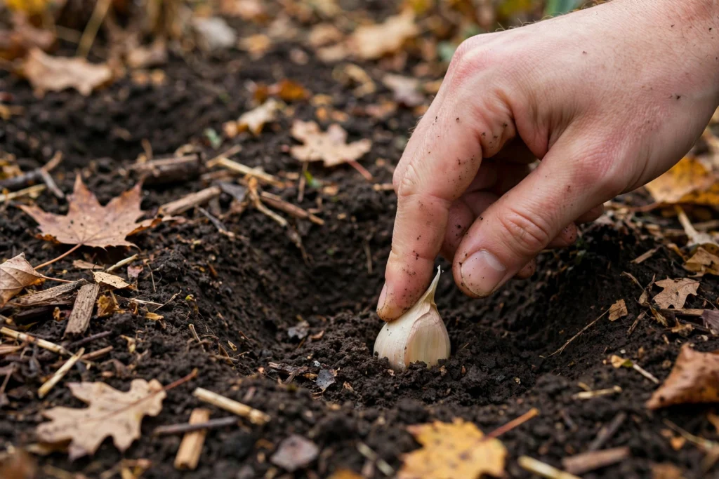 Hand pushing a garlic clove pointed-end-up into dark garden soil