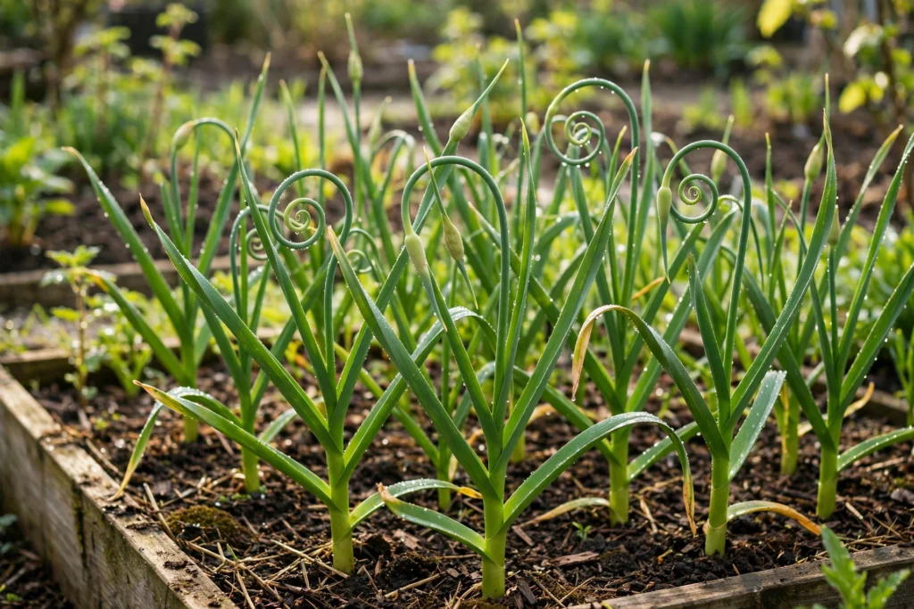 Green garlic plants with curly scapes growing in a spring garden bed