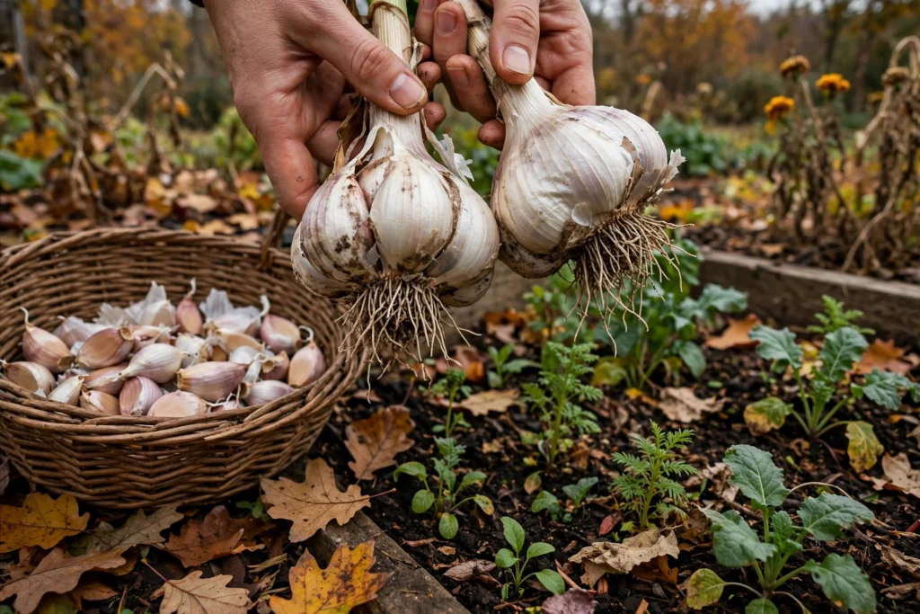 Hands holding large seed garlic bulbs with separated cloves in a basket