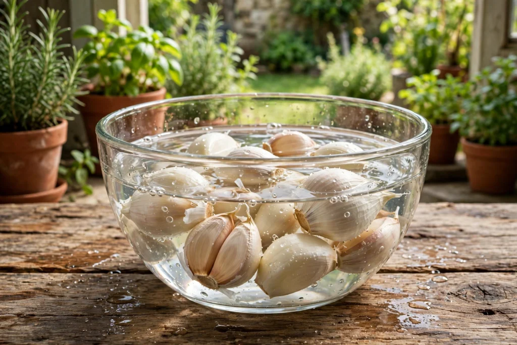 Garlic cloves soaking in a glass bowl of water before planting