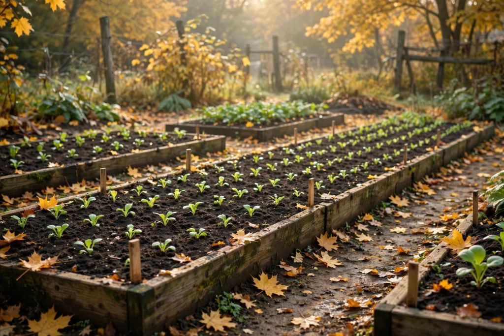 Fall vegetable garden with planted rows and wooden plant markers in October
