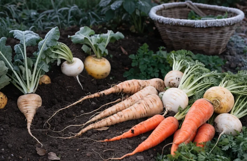 Carrots, parsnips, turnips, and rutabagas harvested from a cold-weather vegetable garden.