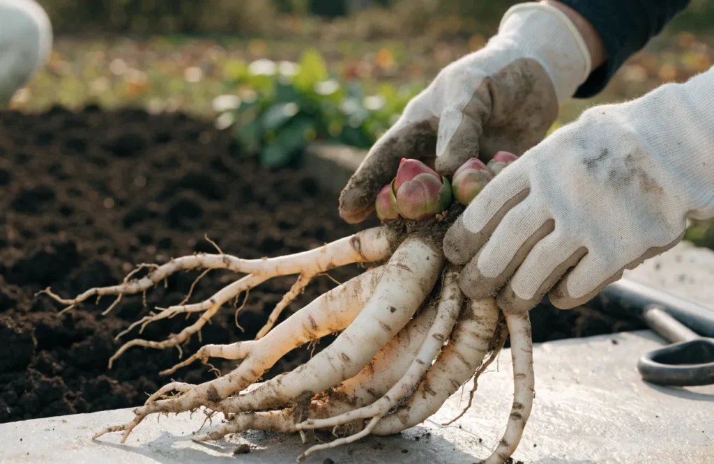 Peony roots with pink eyes ready for division in early fall.