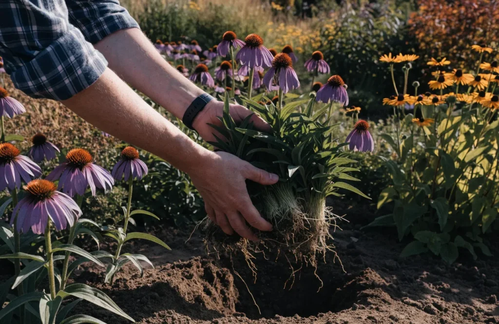 Dividing coneflowers and black-eyed Susans to rejuvenate an autumn perennial garden.