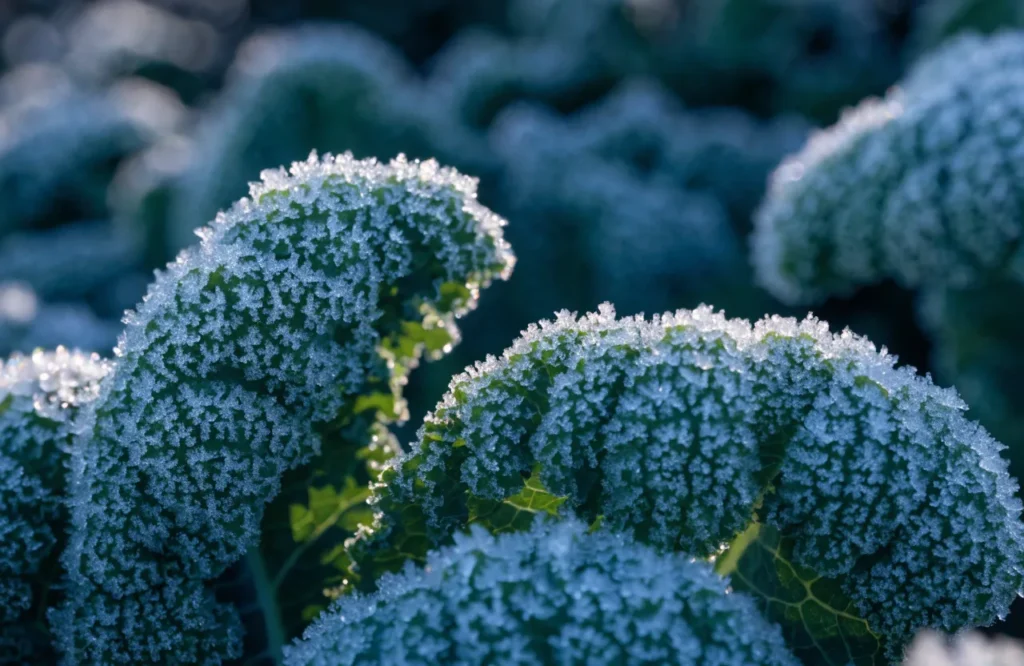 How to Protect Plants From Frost: 10 Simple Methods 2 Frost crystals on kale leaves, a hardy crop that handles a light frost