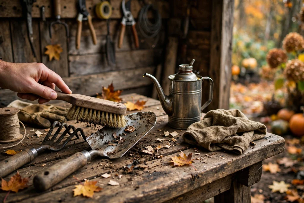 October Garden Checklist: 15 Things to Do Before the First Frost 15 Cleaning garden hand tools on a bench in autumn