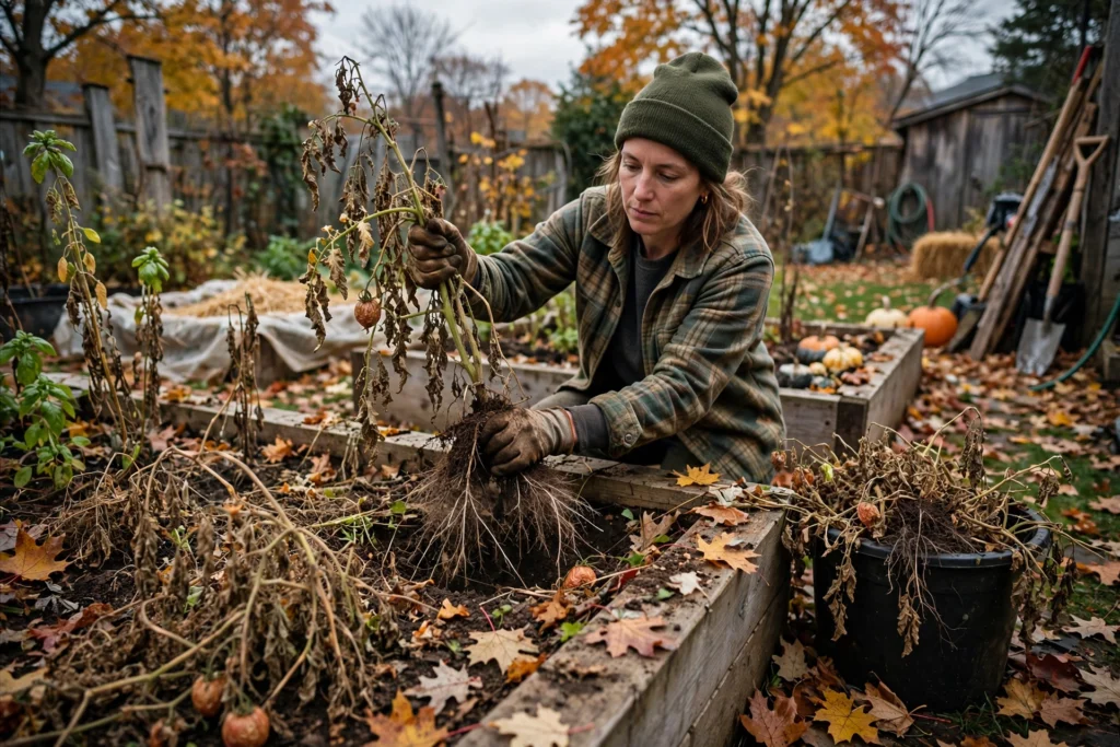 October Garden Checklist: 15 Things to Do Before the First Frost 10 Gardener clearing spent plants from a raised bed in October
