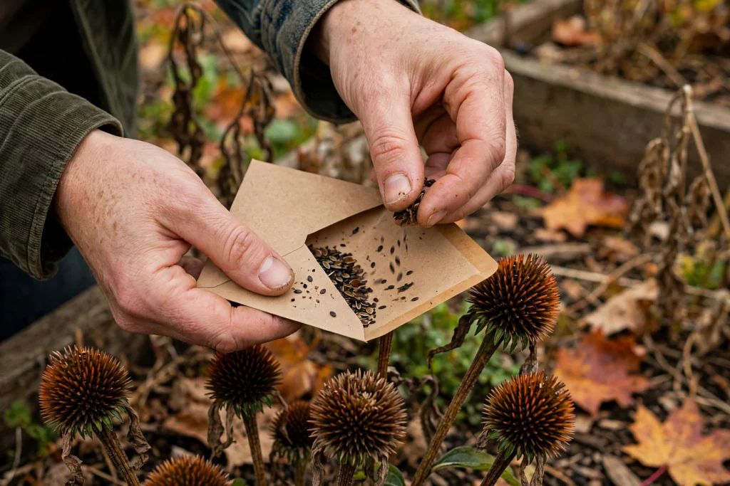October Garden Checklist: 15 Things to Do Before the First Frost 11 Collecting dried seeds from flower heads into a paper envelope