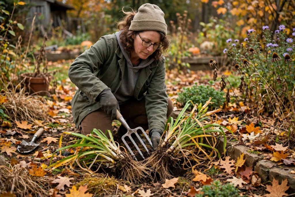 October Garden Checklist: 15 Things to Do Before the First Frost 14 Dividing a daylily perennial clump with a garden fork in fall