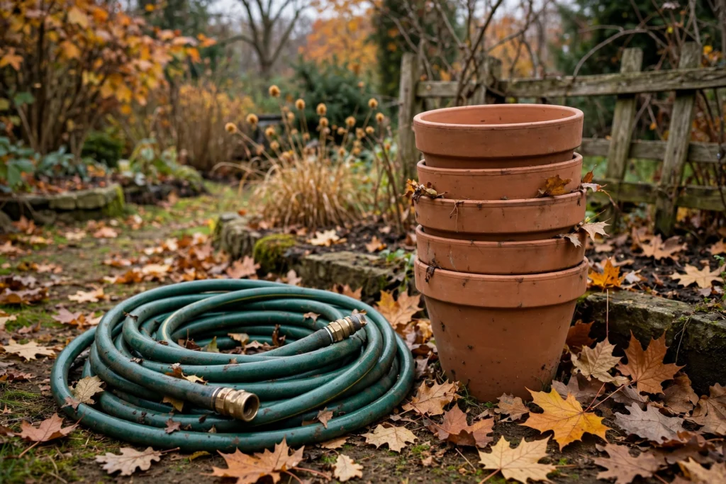 October Garden Checklist: 15 Things to Do Before the First Frost 16 Coiled garden hose and stacked empty pots ready for winter