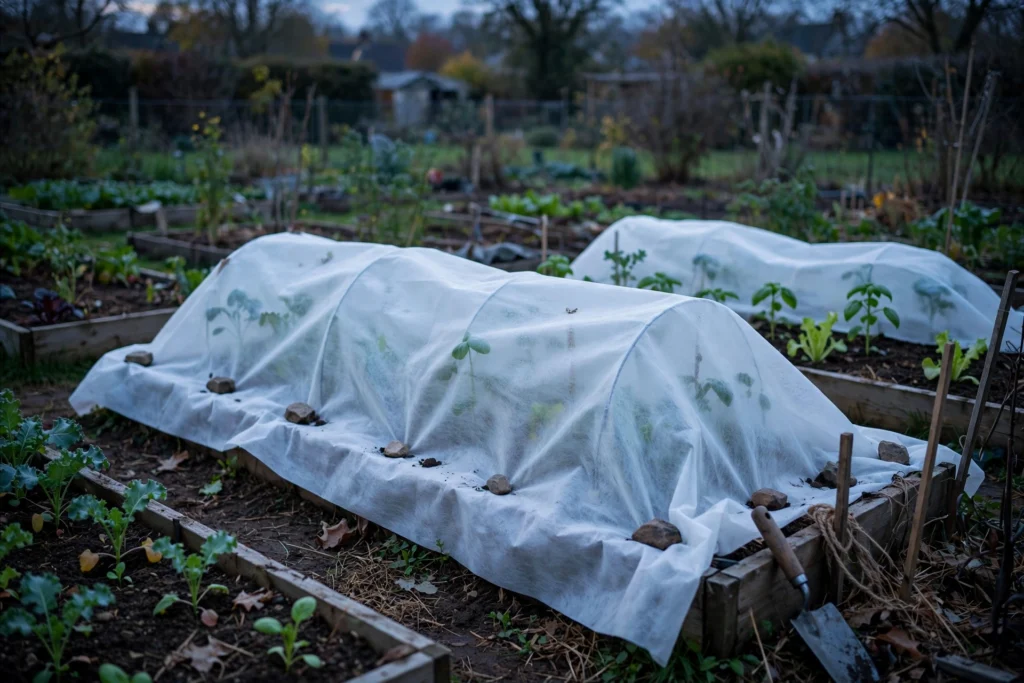 October Garden Checklist: 15 Things to Do Before the First Frost 6 Tender plants covered with frost protection fabric at dusk