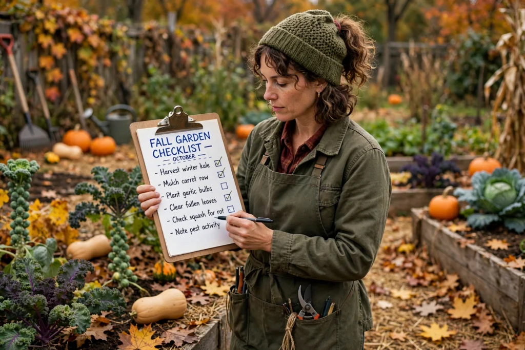 October Garden Checklist: 15 Things to Do Before the First Frost 3 Gardener holding a fall garden checklist clipboard
