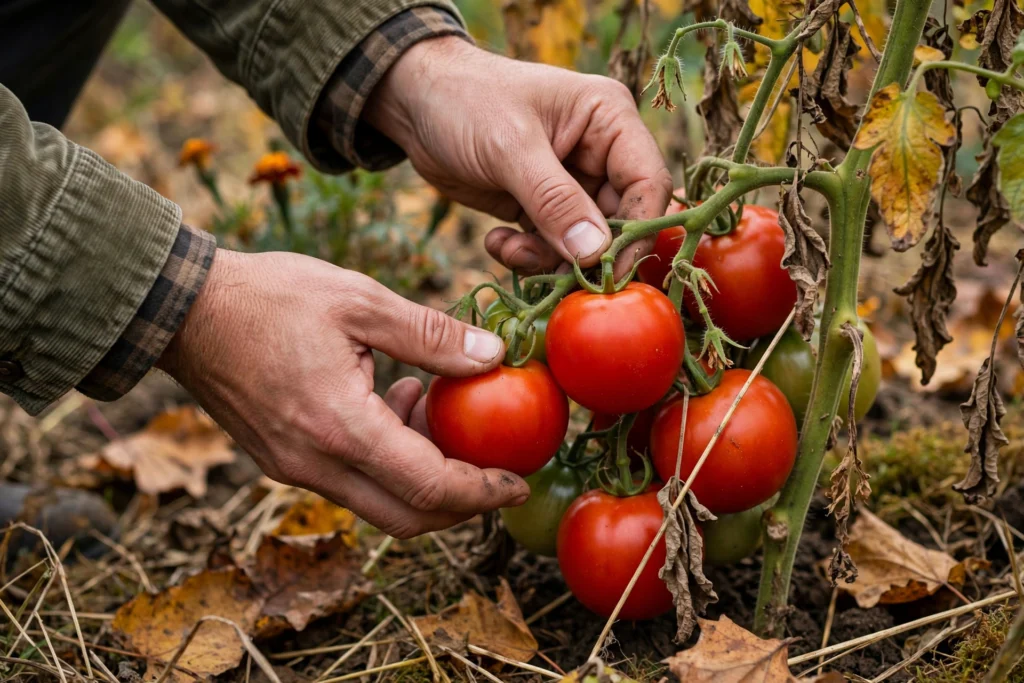 October Garden Checklist: 15 Things to Do Before the First Frost 4 Hands picking ripe tomatoes in an autumn vegetable garden