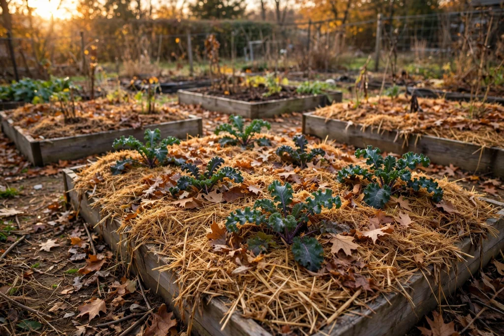 October Garden Checklist: 15 Things to Do Before the First Frost 9 Vegetable garden beds mulched with shredded leaves for winter