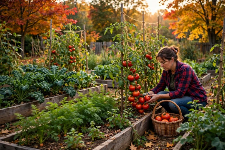 Gardener harvesting tomatoes in an October vegetable garden at golden hour