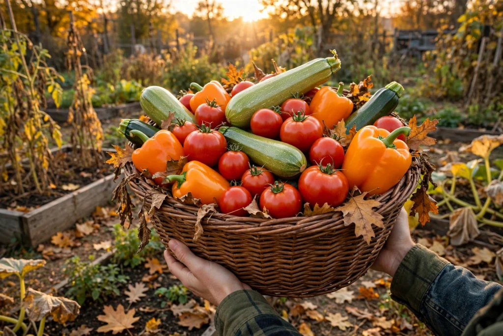 October Garden Checklist: 15 Things to Do Before the First Frost 1 Basket of freshly harvested October vegetables in a sunny autumn garden