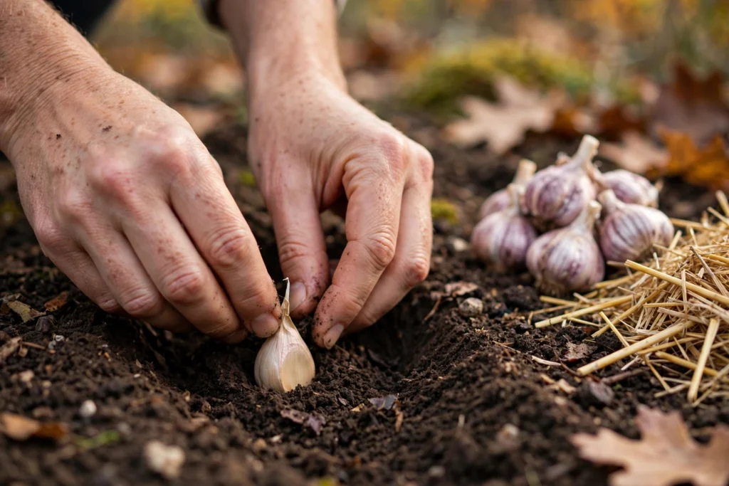 October Garden Checklist: 15 Things to Do Before the First Frost 7 Hands planting garlic cloves in garden soil in October