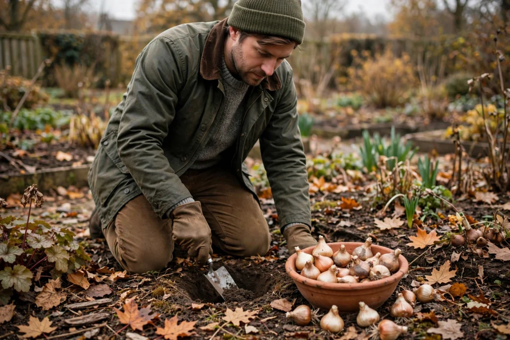 October Garden Checklist: 15 Things to Do Before the First Frost 8 Gardener planting spring bulbs in a fall garden bed