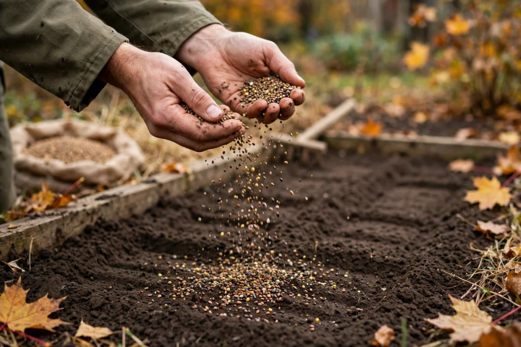October Garden Checklist: 15 Things to Do Before the First Frost 13 Scattering cover crop seeds over a garden bed in autumn