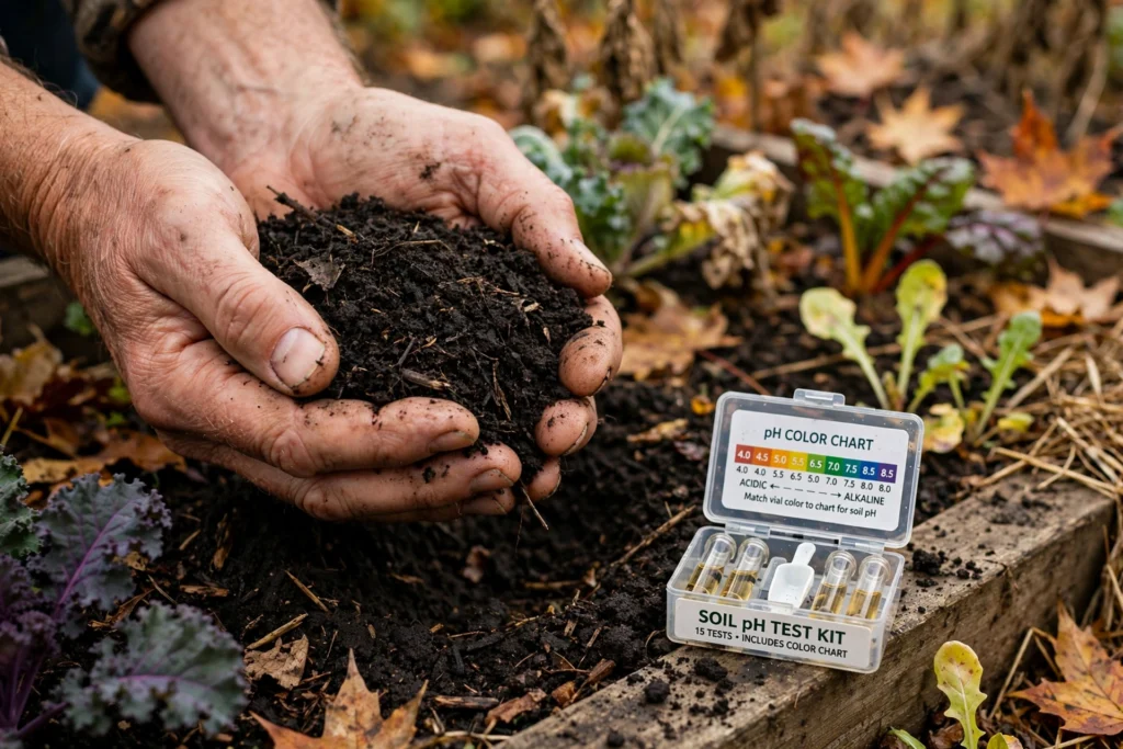 October Garden Checklist: 15 Things to Do Before the First Frost 12 Hands holding garden soil with a pH test kit in a fall vegetable bed