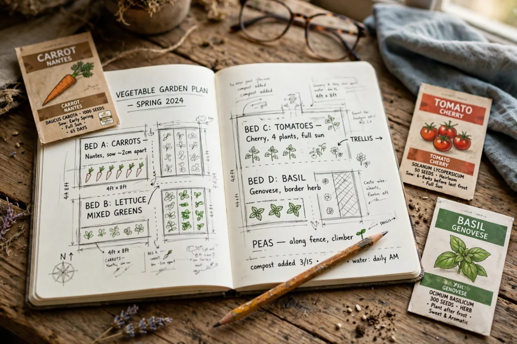 October Garden Checklist: 15 Things to Do Before the First Frost 18 Notebook with hand-drawn winter garden plan, seed packets and pencil
