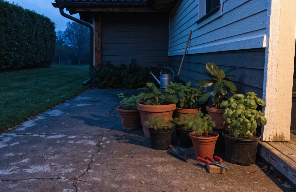 How to Protect Plants From Frost: 10 Simple Methods 4 Potted plants moved onto a sheltered patio to protect their roots and foliage from frost.