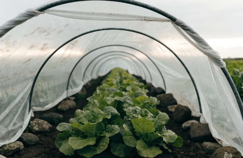 How to Protect Plants From Frost: 10 Simple Methods 3 Hoop tunnel with frost cloth anchored by rocks to protect plants from frost
