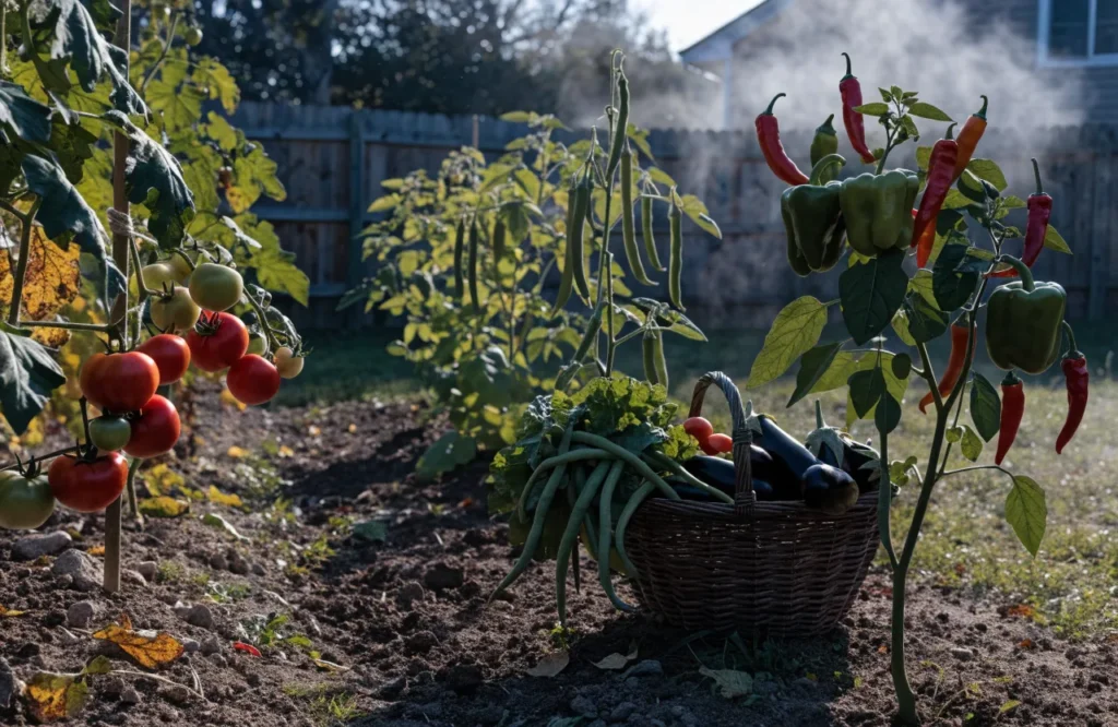 Tomatoes, peppers, eggplants, and green beans to harvest before the first frost.